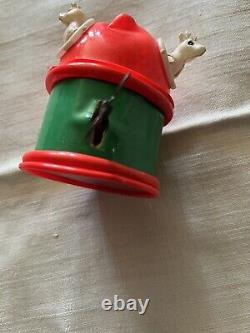 VINTAGE CHRISTMAS CELLULOID WIND-UP TOY SANTA IN SLEIGH WithNODDING REINDEER withBOX