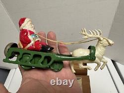 VINTAGE CK Japan Tin CELLULOID SANTA REINDEER SLEIGH WITH BELL CHILDREN'S TOY