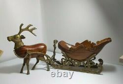 VINTAGE Heavy Brass And Carved Wood Santa Sleigh And Reindeer Christmas TAIWAN