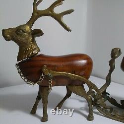 VINTAGE Heavy Brass And Carved Wood Santa Sleigh And Reindeer Christmas TAIWAN