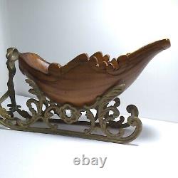 VINTAGE Heavy Brass And Carved Wood Santa Sleigh And Reindeer Christmas TAIWAN