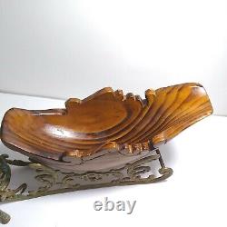 VINTAGE Heavy Brass And Carved Wood Santa Sleigh And Reindeer Christmas TAIWAN