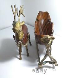 VINTAGE Heavy Brass And Carved Wood Santa Sleigh And Reindeer Christmas TAIWAN