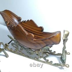 VINTAGE Heavy Brass And Carved Wood Santa Sleigh And Reindeer Christmas TAIWAN