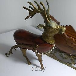 VINTAGE Heavy Brass And Carved Wood Santa Sleigh And Reindeer Christmas TAIWAN