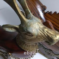 VINTAGE Heavy Brass And Carved Wood Santa Sleigh And Reindeer Christmas TAIWAN