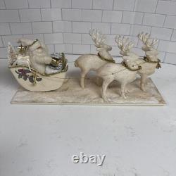 VINTAGE Hugh's Spun Cotton Santa With Sleigh And 3 Reindeer 1960's 18x6