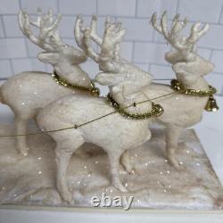 VINTAGE Hugh's Spun Cotton Santa With Sleigh And 3 Reindeer 1960's 18x6