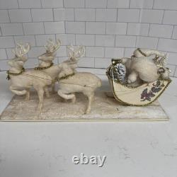 VINTAGE Hugh's Spun Cotton Santa With Sleigh And 3 Reindeer 1960's 18x6