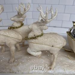 VINTAGE Hugh's Spun Cotton Santa With Sleigh And 3 Reindeer 1960's 18x6