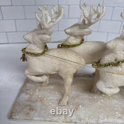 VINTAGE Hugh's Spun Cotton Santa With Sleigh And 3 Reindeer 1960's 18x6