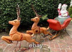 VINTAGE LARGE POLORON CHRISTMAS SANTA SLEIGH & REINDEER BLOW MOLD SET WithSTANDS