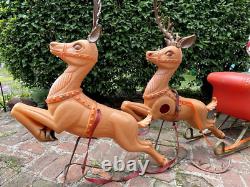 VINTAGE LARGE POLORON CHRISTMAS SANTA SLEIGH & REINDEER BLOW MOLD SET WithSTANDS