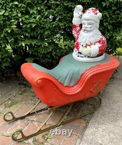 VINTAGE LARGE POLORON CHRISTMAS SANTA SLEIGH & REINDEER BLOW MOLD SET WithSTANDS