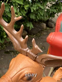 VINTAGE LARGE POLORON CHRISTMAS SANTA SLEIGH & REINDEER BLOW MOLD SET WithSTANDS