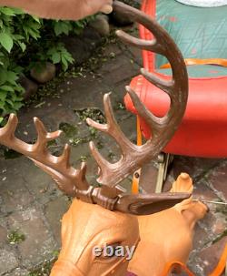 VINTAGE LARGE POLORON CHRISTMAS SANTA SLEIGH & REINDEER BLOW MOLD SET WithSTANDS