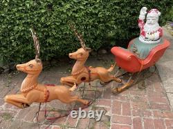 VINTAGE LARGE POLORON CHRISTMAS SANTA SLEIGH & REINDEER BLOW MOLD SET WithSTANDS