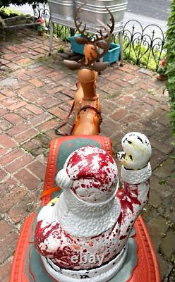 VINTAGE LARGE POLORON CHRISTMAS SANTA SLEIGH & REINDEER BLOW MOLD SET WithSTANDS