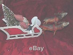 VINTAGE REPRODUCTION ANTIQUE GERMAN COMPOSITION SANTA SLEIGH with two REINDEER
