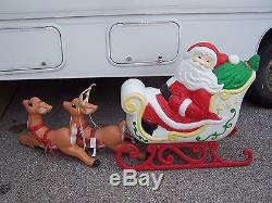 VINTAGE Santa Claus Sleigh Blow Mold Yard Roof Outdoor Plastic Decor 2 reindeer