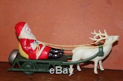 VINTAGE TIN AND CELLULOID SANTA ON SLEIGH with REINDEER AND BELL in ORIGINAL BOX