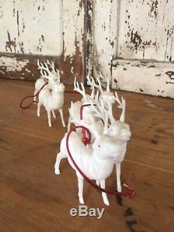 VTG 1900's Santa Claus Mica Sleigh with 6 Reindeer German Marked Composition