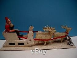 VTG 1930-40s PUTZ SLEIGH COMPOSITION SANTA & CELLULOID REINDEER 13 PLATFORM EX