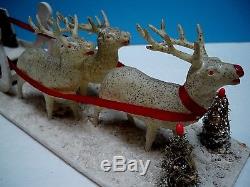 VTG 1930-40s PUTZ SLEIGH COMPOSITION SANTA & CELLULOID REINDEER 13 PLATFORM EX