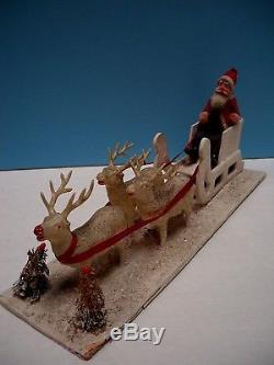 VTG 1930-40s PUTZ SLEIGH COMPOSITION SANTA & CELLULOID REINDEER 13 PLATFORM EX