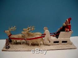 VTG 1930-40s PUTZ SLEIGH COMPOSITION SANTA & CELLULOID REINDEER 13 PLATFORM EX