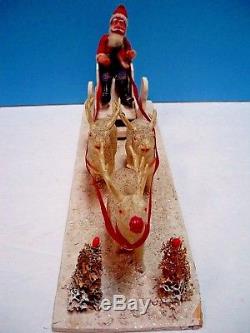 VTG 1930-40s PUTZ SLEIGH COMPOSITION SANTA & CELLULOID REINDEER 13 PLATFORM EX