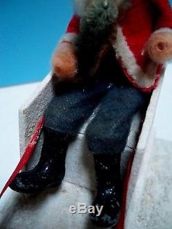 VTG 1930-40s PUTZ SLEIGH COMPOSITION SANTA & CELLULOID REINDEER 13 PLATFORM EX