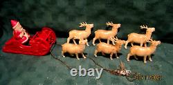 VTG 1940's XMAS THIN CELLULOID PLASTIC SANTA SLEIGH 6 REINDEER JAPAN ORNAMENTS