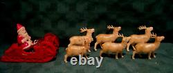 VTG 1940's XMAS THIN CELLULOID PLASTIC SANTA SLEIGH 6 REINDEER JAPAN ORNAMENTS