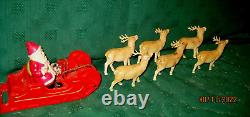 VTG 1940's XMAS THIN CELLULOID PLASTIC SANTA SLEIGH 6 REINDEER JAPAN ORNAMENTS