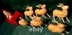VTG 1940's XMAS THIN CELLULOID PLASTIC SANTA SLEIGH 6 REINDEER JAPAN ORNAMENTS