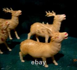 VTG 1940's XMAS THIN CELLULOID PLASTIC SANTA SLEIGH 6 REINDEER JAPAN ORNAMENTS