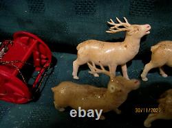 VTG 1940's XMAS THIN CELLULOID PLASTIC SANTA SLEIGH 6 REINDEER JAPAN ORNAMENTS