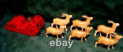 VTG 1940's XMAS THIN CELLULOID PLASTIC SANTA SLEIGH 6 REINDEER JAPAN ORNAMENTS