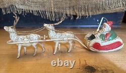 VTG 1940's XMAS THIN CELLULOID PLASTIC SANTA SLEIGH REINDEER JAPAN Display