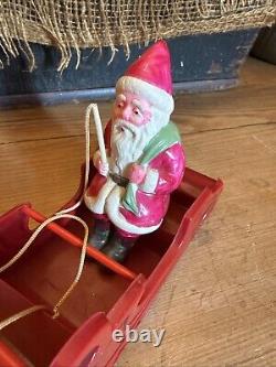 VTG 1940's XMAS THIN CELLULOID PLASTIC SANTA SLEIGH REINDEER JAPAN Display