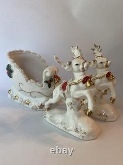 VTG 1950s NAPCO Christmas Sleigh Planter With 2 Reindeer Spaghetti Trim Gold