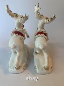 VTG 1950s NAPCO Christmas Sleigh Planter With 2 Reindeer Spaghetti Trim Gold