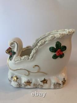 VTG 1950s NAPCO Christmas Sleigh Planter With 2 Reindeer Spaghetti Trim Gold