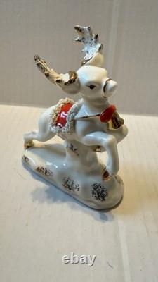 VTG 1950s Napco Christmas Sleigh Planter with 2 Reindeer Spaghetti Trim Japan READ