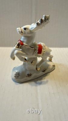 VTG 1950s Napco Christmas Sleigh Planter with 2 Reindeer Spaghetti Trim Japan READ