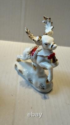 VTG 1950s Napco Christmas Sleigh Planter with 2 Reindeer Spaghetti Trim Japan READ
