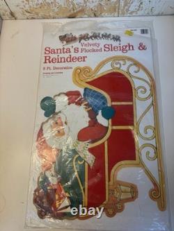 VTG 1982 PECK Santas Sleigh & Reindeer 6' Velvety Flocked Die Cut NOS Uncut Rare
