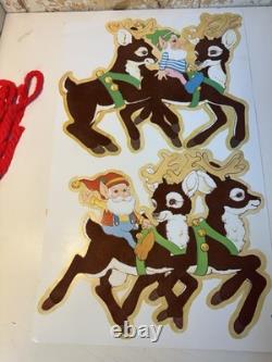 VTG 1982 PECK Santas Sleigh & Reindeer 6' Velvety Flocked Die Cut NOS Uncut Rare