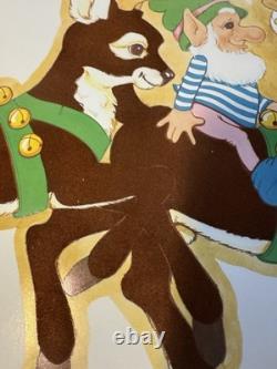 VTG 1982 PECK Santas Sleigh & Reindeer 6' Velvety Flocked Die Cut NOS Uncut Rare